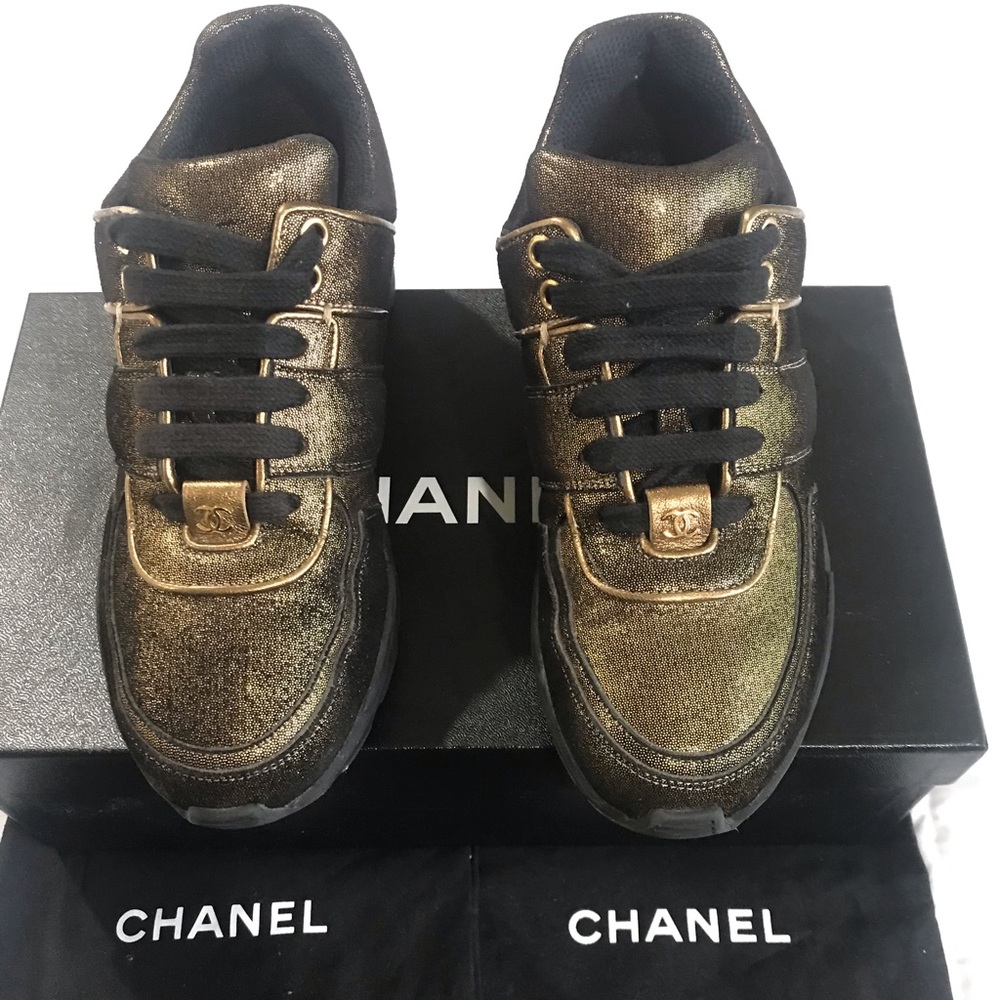 Authentic CHANEL Metallic Gold and Black Sneakers😍
